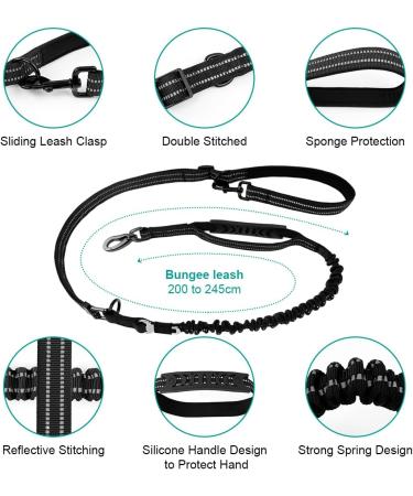 Philorn 2m Heavy Duty Bungee Dog Lead | 5-in-1 Tactical Lead with Shock Absorber | Double Handle & Reflective | Adjustable for Large & Medium Dogs | Black - Buy Online on GoSupps.com