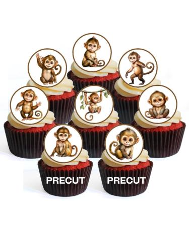 PRECUT Monkey Edible Cupcake Toppers - Cute Monkey Theme Premium Thickness SWEETENED VANILLA - wafer card disc cake decorations (Pack of 24)
