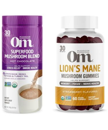 OM MUSHROOM SUPERFOOD Hot Chocolate Blend Mushroom Powder 8.47 Ounce and Lion s Mane Mushroom Gummies 60 Count Strawberry Bundle