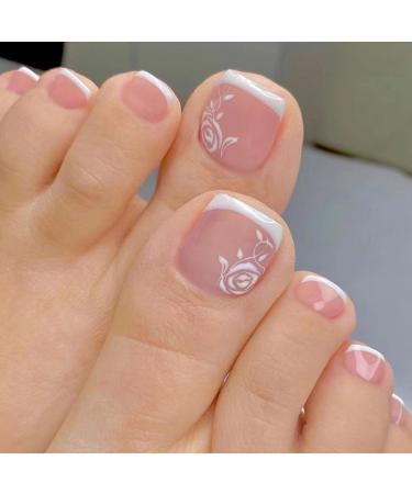 RODAKY Press on Toenail For Women Square French White Border False Nail for Toe Full Cover Rose Flower Fake Toenail Fashion nails Artifical Toenails Acrylic Foot Nail Tips 24Pcs White Border Rose Flower