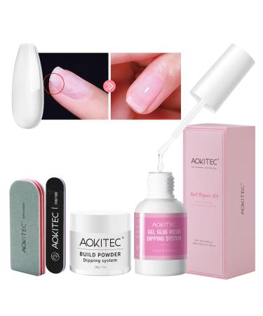 Aokitec 28 g Dipping Build Powder Nails Set with Repair Glue Nail Building Powder for Broken Cracked Spilled Weak Nails Nail care products Quick Air Dry 01 Clear Powder