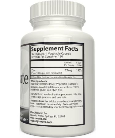 Zinc Picolinate 100mg Capsules - 6-Month Supply for Immune Support, Wound Healing & Acne - Naravis - Buy Online on GoSupps.com