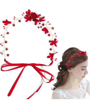 Bride Floral Red Headband Red Flower Crown Headband Rhinestone Pearl Tiara Floral Garland Headbands Gold Floral Hairband Crystal Red Headband Wedding Headpiece Hair Jewelry for Bride Bridesmaid Women