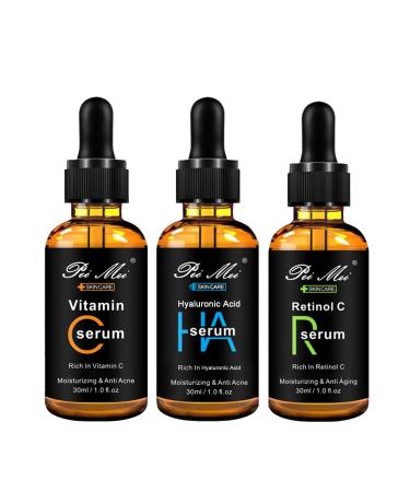 3 Pack Face Serum Set - Retinol Serum For Face - Vitamin C Face Serum - Hyaluronic Acid Serum For Face Korean Skin Care Set Serum For Face Anti Aging Face Serum For Women Firming & Hydrating