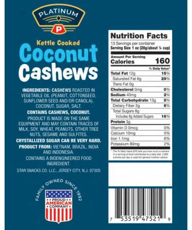Platinum Kettle Cooked Coconut Cashews - Plant-Based Protein Snack | Healthy Fiber | 13 oz Resealable Pouch for Home Office Gym & School - Ship Internationally - Buy Online on GoSupps.com