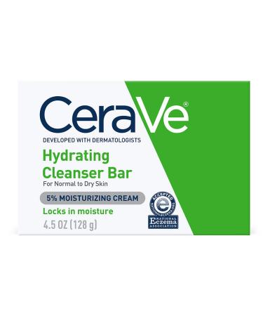 CeraVe Hydrating Cleanser Bar | Soap-Free Body and Facial Cleanser with 5% Moisturizing Cream | Fragrance-Free | Single Bar, 4.5 Ounce 4.5 Ounce (Pack of 1)