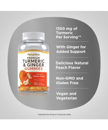 Piping Rock Turmeric and Ginger Gummies | 90 Count | Peach Flavor | Vegan Formula | Non-GMO Gluten Free Supplement - Buy Online on GoSupps.com