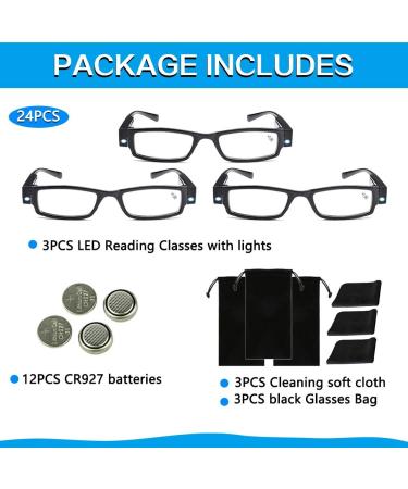 LED Lighted Reading Glasses +2.5 Black | Compact Full Frame Nighttime Reader for Clear Vision | Unisex Lighted Magnifier Eyewear - Buy Online on GoSupps.com
