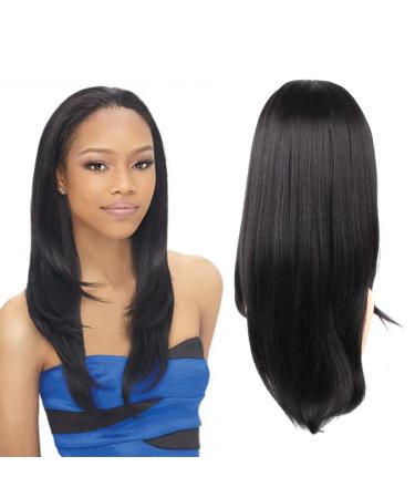 Jiayi Half Wig Quick Wear Weave Wigs for Women Straight Synthetic Hair 16 Inch 3/4 Half Up Half Down Wig Perfect Hairline Wig Japanese Fiber Wigs (1B Off Black)
