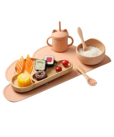 let's make Baby Weaning Set Toddlers Plates Set of 6pcs Silicone Feeding Set with Suction Plate Straw Cup and Bowl & Spoon for Babies with Kid Cloud Platemat | BPA Free (Khkai)