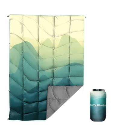 Outdoor Puffy Camping Blanket, Lightweight Down Alternative Puffy Printed Camping Large Ultra Warm Hammock Top Quilt Waterproof Blanket for Traveling Picnic Beach Party Cold Weather (green mountain)
