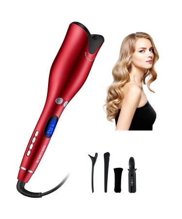 MIUOPUR Automatic Hair Curling Iron with Ceramic Ionic Barrel, Smart Anti-Stuck, Auto Rotating Hair Curling Wand with Temperature Display and Timer, Professional Hair Curler Styling Tool - Red