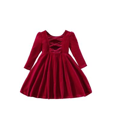 Miipat Baby Girls Velvet Dress Toddler Girl Long Sleeve Dresses Fall Winter Elegant Kids Princess Birthday Party Wedding Dress 5-6 Years Red