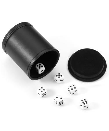 Dice Cup with Lid, PU Leather and Felt-Lined, Quiet Shaker for Yahtzee Farkle Dice Board Games, Set of Six 16mm Dice Included