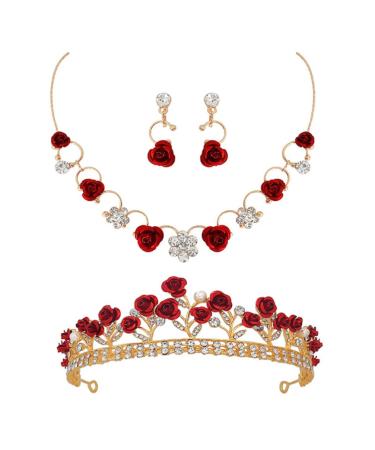 Lurrose Crystal Red Bridal Tiara Crown with Necklace and Earring - Perfect for Wedding, Pageant, Birthday Party - Queen Crown Headband for Women and Girls - Buy Online on GoSupps.com