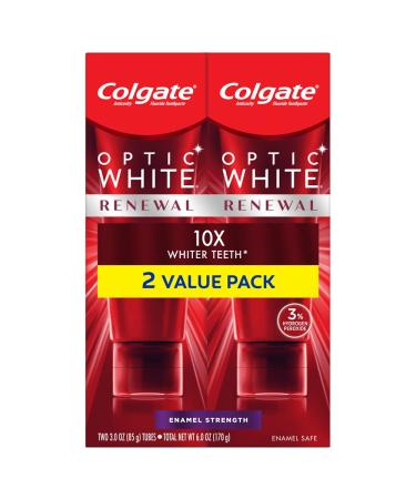 Colgate Optic Renewal Teeth Whitening Toothpaste with Fluoride Hydrogen Peroxide Enamel Strength White Wintergreen 3 Ounce (Pack of 2)