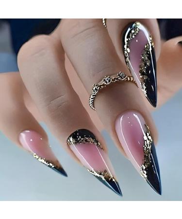 Press on Nails Long Stiletto French Fake Nails Full Cover False Nails with Gold Glitter Designs Dark Green Nail Tip Pink Glossy Acrylic Press on Nails Artifiical Nails for Women Girls 24 Pcs Long Almond Style4