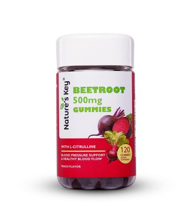 Nature's Key Beetroot Gummies- 0g Added Sugar Beet Root Chews - Lower Blood Pressure Produce Nitric Oxide Promote Blood Flow - with Hawthorn Extract and L-Citrulline | Peach Flavor (120 Cts)