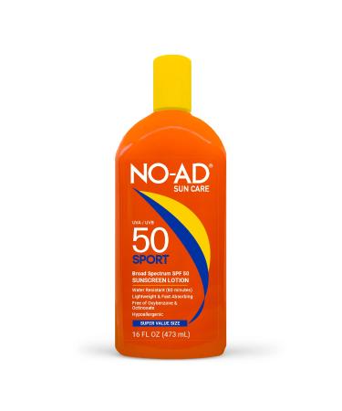 NO-AD SPF 50 SPORT Sunscreen Lotion | Hypoallergenic | Broad Spectrum UVA/UVB Protection | Water Resistant | Octinoxate & Oxybenzone Free with moisturizing Vitamin E and Aloe 16oz