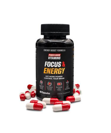 Power Boom Focus & Energy Brain & Mental Performance Supplement | Natural Formula with Ginkgo Biloba Ashwagandha Guarana & Bacopa | Caffeine-Free Energy | 60 Vegan Capsules