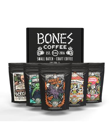 Bones Coffee Fall Favorites Sample Pack Ground Coffee Beans Flavored Coffee Gifts | Pack of 5 Assorted Medium Roast Low Acid Coffee Beverages (Ground) Fall Favorites Sample Pack 4 Ounce (Pack of 5)