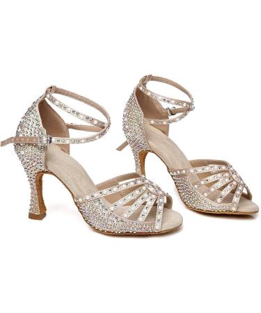 JUODVMP Women's Rhinestone Latin Dance Shoes Satin Ballroom Salsa Performance Shoes - Nude, 3 Inch Heel - Buy Online on GoSupps.com