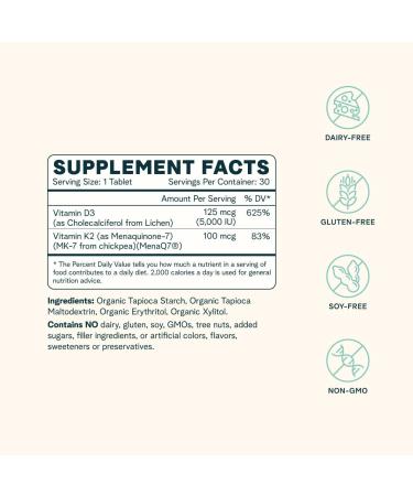 Ora Organic Vitamin D3 5000IU + K2 - Vegan Vitamin D from Lichen and K2 from Chickpeas for Bone Health, Immune Support, & Mood, Maximum Absorption - 1 Month Supply, 30 Chewable Tablets 1 Count (Pack of 30) Organic Tablets -  - Buy Online on GoSupps.com