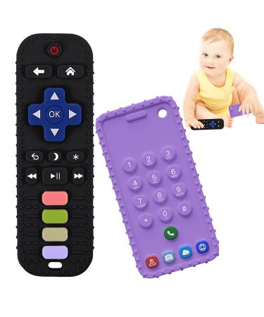Baby Teething Toys Cute Remote Control Shape Baby Silicone Toys Baby Teether Sensory Toys for Toddler Infant Toys 2 Pack of Chewing Tooth Toys Suitable for Baby Boys and Girls(Black+Purple)