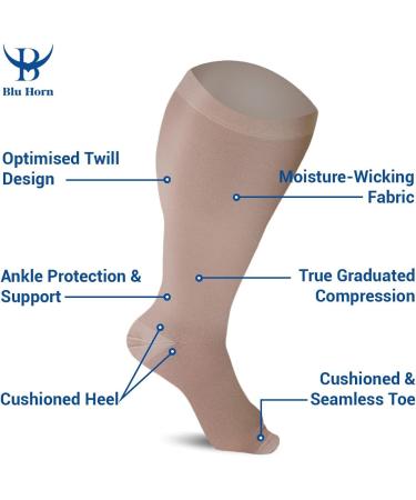 Blu Horn Knee-High Compression Stockings 20-30 mmHg - XL Beige for Pain Relief & Improved Blood Circulation - Buy Online on GoSupps.com