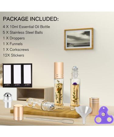 PrettyCare 10ml Essential Oil Roller Bottles | Glass Clear Perfume Containers with Extra Accessories | 4 Pack with Gold Caps for DIY Aromatherapy - Buy Online on GoSupps.com