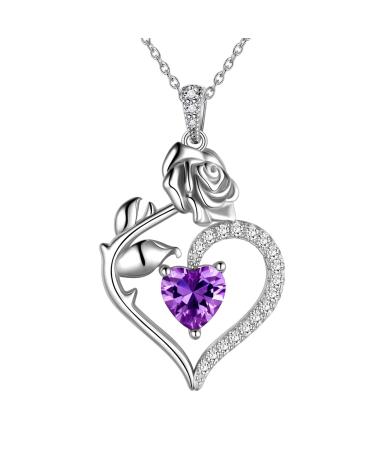 Cute Cat Necklace with Sparkling Zirconia Crystal Birthstone Pendant Necklace for Girls Womens White Gold Over 925 Sterling Silver Animal Necklace Birthstone Jewelry Sweet Present Girlfriend Sisters B February-Amethyst