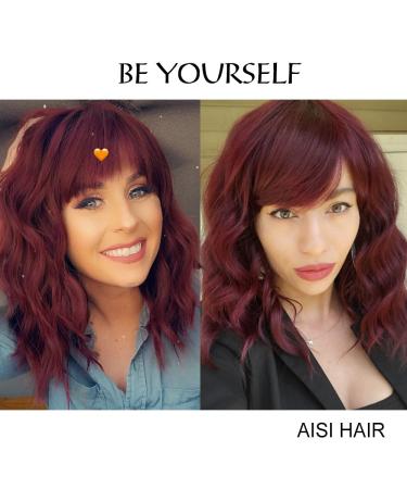 Wine Red Short Curly Bob Wig with Bangs for Women | AISI HAIR Synthetic Heat Resistant Wavy Hair Wig - Buy Online on GoSupps.com