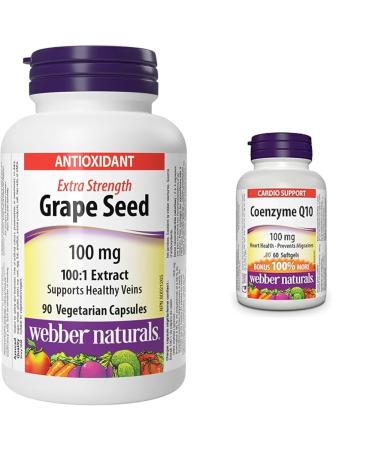 Webber Naturals Grape Seed 100 mg Extra Strength & Coenzyme Q10 (CoQ10) 100mg 60 Softgels High Potency Antioxidant For Heart Health Cellular Energy Production and Migraine Support Seed + Coenzyme Q10