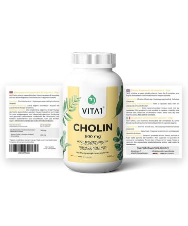 Choline 600mg Capsules - Supports Normal Fat Metabolism | Vegan & Vegetarian | VITA1 - 60 Capsules - Buy Online on GoSupps.com