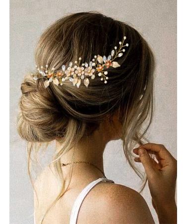 Flower Bride Wedding Hair Comb with Rhinestones and Pearls - B Gold - Buy Online on GoSupps.com