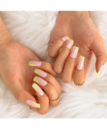 Sethexy French Square False Fingernails - 24 Glossy Green Acrylic Nail Tips for Women & Girls | Press-On Nails with Glue - Buy Online on GoSupps.com