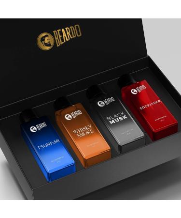 Beardo_Perfumes Giftset For Men (Pack of 4 x 20ml) Whisky Smoke Godfather Tsunami and Black Musk | Long Lasting Perfume Musk & Woody Fresh Fragrance | Rakhi Gift for Brother | Friendship Day Gift - Buy Online on GoSupps.com