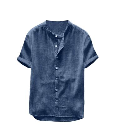 BEUU 2022 New Summer Mens Casual Shirts Cotton Linen Short Sleeve Button Down Solid Slim Fit Collarless Beach Shirt 129- Navy X-Large
