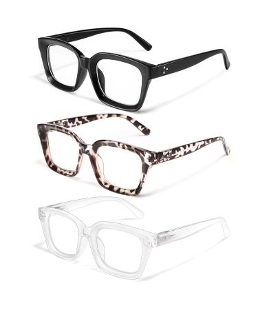 IBOANN Blue Light Glasses Women Men 3 Pack Anti Eye Strain Computer Gaming Eyeglasses - Fashion Oversized Square Frame (Light Black & Leopard & Tranparent)