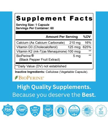 Staver Health Vitamin K2 D3 w/Calcium and Bioperine Vitamin K2 (MK7) with D3 Supplement Non-GMO Vitamin D3 Vitamin K2 MK-7 Easy to Swallow Vitamin D & K Complex 60 Capsules - Buy Online on GoSupps.com