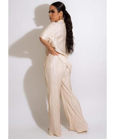 Ekaliy Women's 2 Piece Casual Pleated Outfit Set - Short Sleeve Button Down Shirt & Wide Leg Trouser Suit | Champagne, Size Large - Buy Online on GoSupps.com