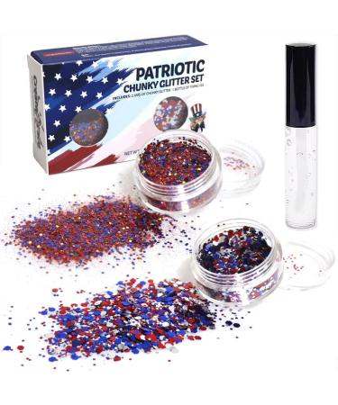USA Chunky Glitter Kit for Face Body Nail Hair Eyes (2 Jars x 5g - Blue  Red & White) for America's Patriotic Events  4th of July Decorations  Independence Day Party  Veterans Day  Presidents Day Pack of 1 - Regular Set