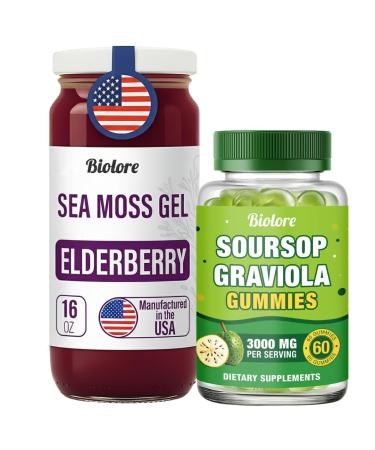 Biolore Pure Sea Moss Gel + Soursop Gummies Bundle | 16 oz Gel & 60 Gummies | Elderberry + Soursop | No Added Sugar Gluten Free Vegan Made in USA