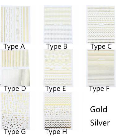 Gold/Silver Nail Art Geometric Pattern Decals Curve Patch 3D Nail Sticker Fake Fingernail Accessories Stripe Lines Nail Paste(Type B gold) Goldtype B - Buy Online on GoSupps.com