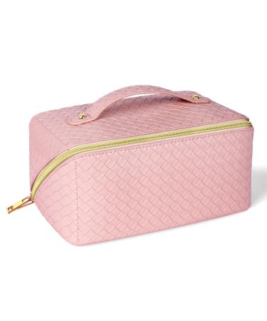 Aucuu Large Capacity Travel Cosmetic Bag for Women Girls PU Leather Waterproof Layered Storage Makeup Bag with Handle Portable Travel Organizer (Pink) #11 Pink-11