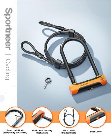 Sportneer Bike U Lock and Cable Set - Heavy Duty Anti Theft Bicycle U-Locks with 18mm Shackle - Includes 6 Ft Security Cable, Mounting Bracket, and Keys - Ideal for Road, Mountain, and Folding Bikes - Buy Online on GoSupps.com
