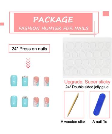 24pcs Short Square White & Blue French Tip False Nails - Summer Fake Nails with Designs for Women & Girls - Buy Online on GoSupps.com