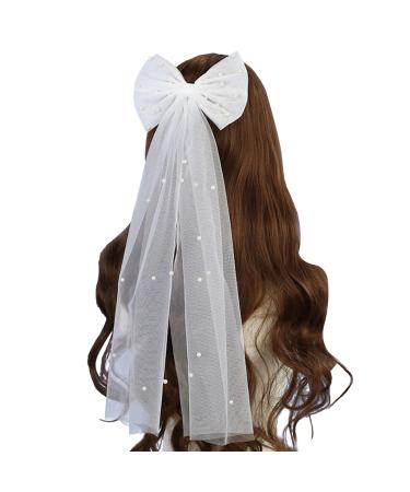 NICENEEDED White Mesh Bridal Hair Bow Clips Pearl Bowknot Bride Veil Hair Barrettes Wedding Tulle Hair Jewelry Clip for Bridesmaid Flower Girl Hair Decoration