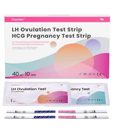 Femometer 40 Ovulation Test Strips and 10 Pregnancy Test Strips Sensitive Fertility Predictor Kit LH Testing Sticks Record Accurate Results with Femometer App (40LH+10HCG) Lh40hcg10