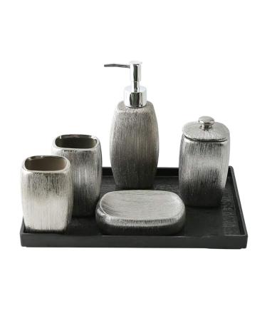 Lotion dispenser 6-Piece Bathroom Accessory Set Luxury Electroplated Silver Ceramic Soap Dispenser Set Includes: Lotion Dispenser Cotton Swab Bottle Tray Tumbler and Soap Dish Bathroom Lotion Dispe
